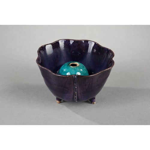 Small "Surprise" bowl in biscuit enamelled Aubergine and turquoise